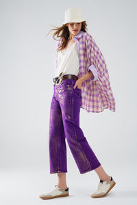 Q2 Women's Jean Purple Wide Leg Jeans With Metallic Finish In Gold