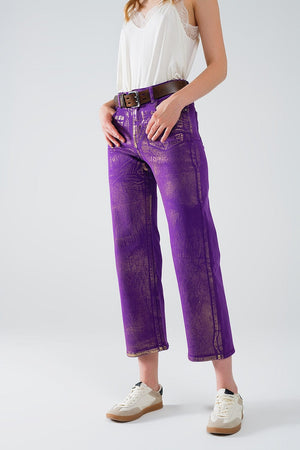 Q2 Women's Jean Purple Wide Leg Jeans With Metallic Finish In Gold