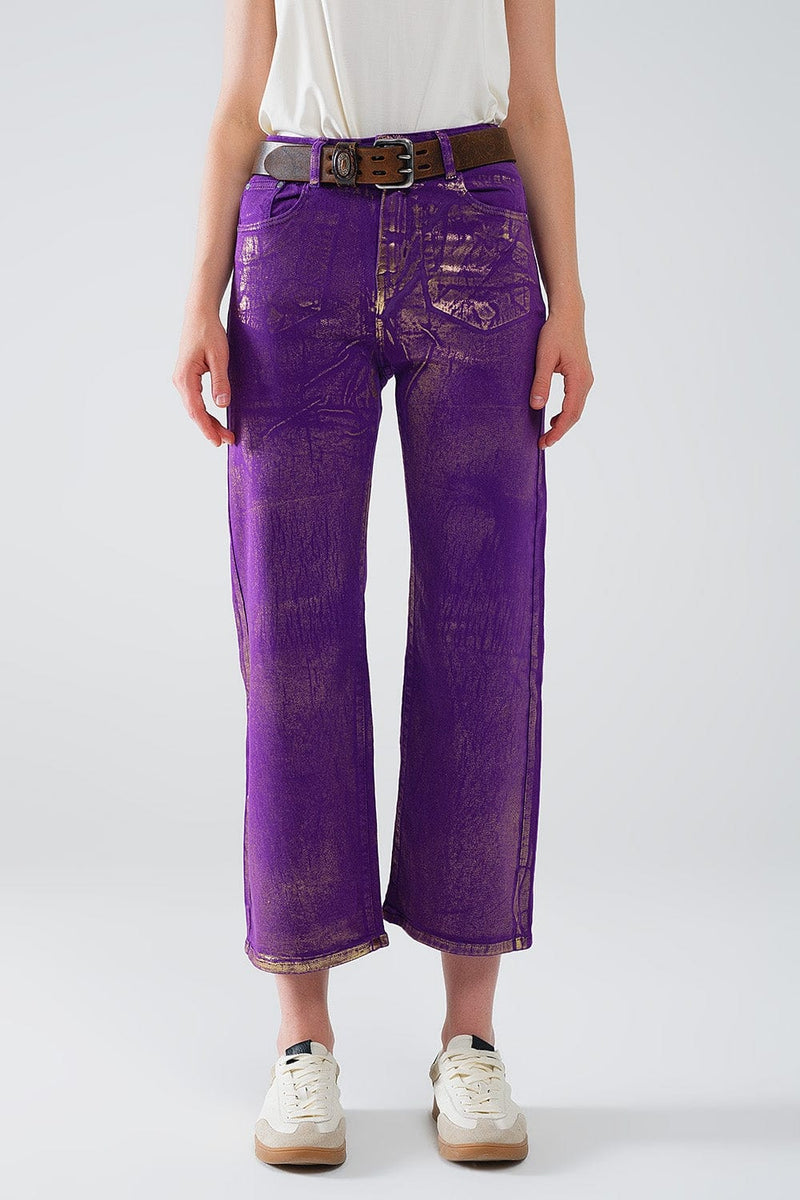 Q2 Women's Jean Purple Wide Leg Jeans With Metallic Finish In Gold