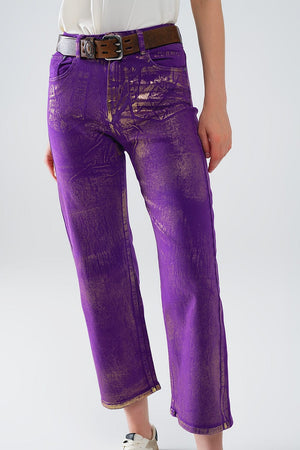 Q2 Women's Jean Purple Wide Leg Jeans With Metallic Finish In Gold