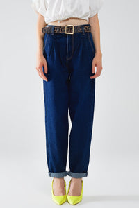 Q2 Women's Jean Raw Blue Mom Jeans With Pleated Detail