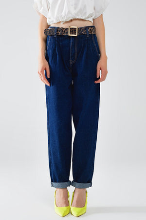 Q2 Women's Jean Raw Blue Mom Jeans With Pleated Detail