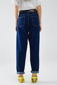 Q2 Women's Jean Raw Blue Mom Jeans With Pleated Detail