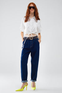 Q2 Women's Jean Raw Blue Mom Jeans With Pleated Detail