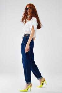 Q2 Women's Jean Raw Blue Mom Jeans With Pleated Detail