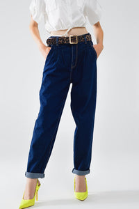 Q2 Women's Jean Raw Blue Mom Jeans With Pleated Detail