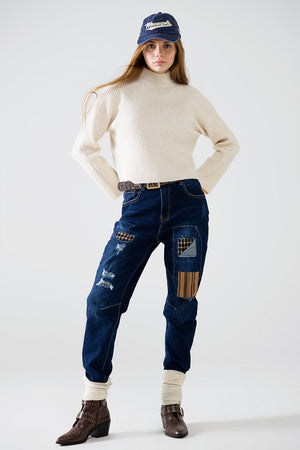 Q2 Women's Jean Relaxed Denim With Patches