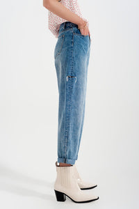 Q2 Women's Jean Relaxed Fit Side Rip Jeans in Mid Blue