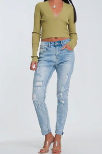 Q2 Women's Jean Ripped Boyfriend Jeans in Light Denim