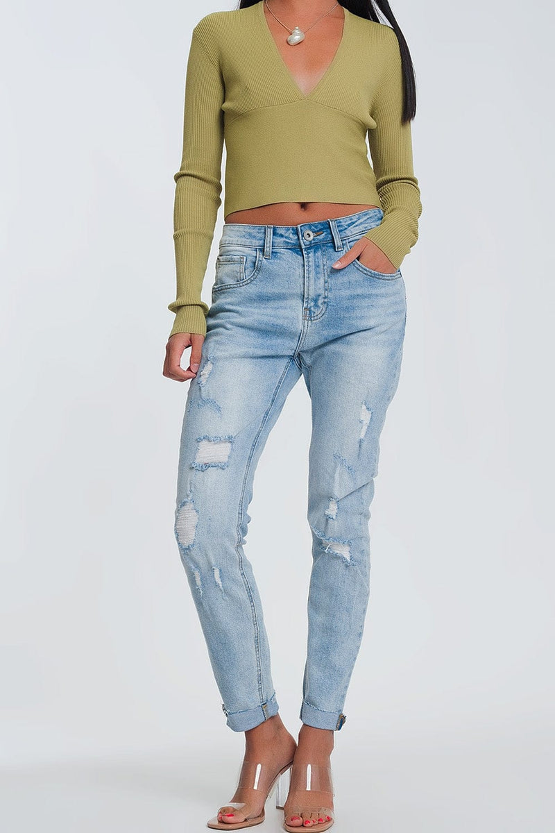 Q2 Women's Jean Ripped Boyfriend Jeans in Light Denim