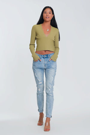 Q2 Women's Jean Ripped Boyfriend Jeans in Light Denim