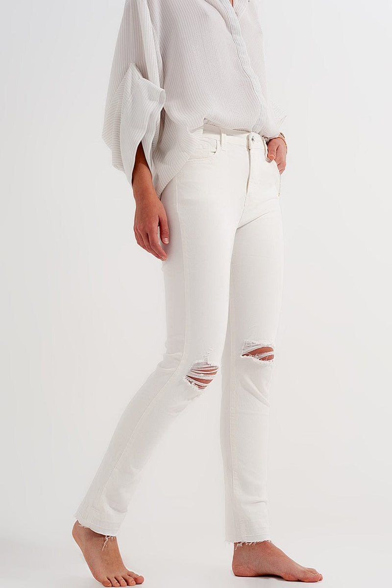 Q2 Women's Jean Ripped Fray Hem Jeans in Cream