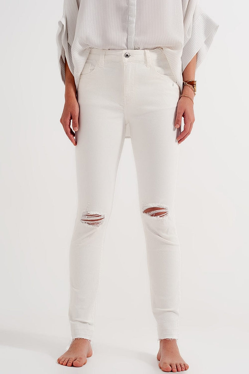 Q2 Women's Jean Ripped Fray Hem Jeans in Cream