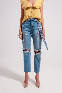 Q2 Women's Jean Ripped Knee Jeans in Light Blue