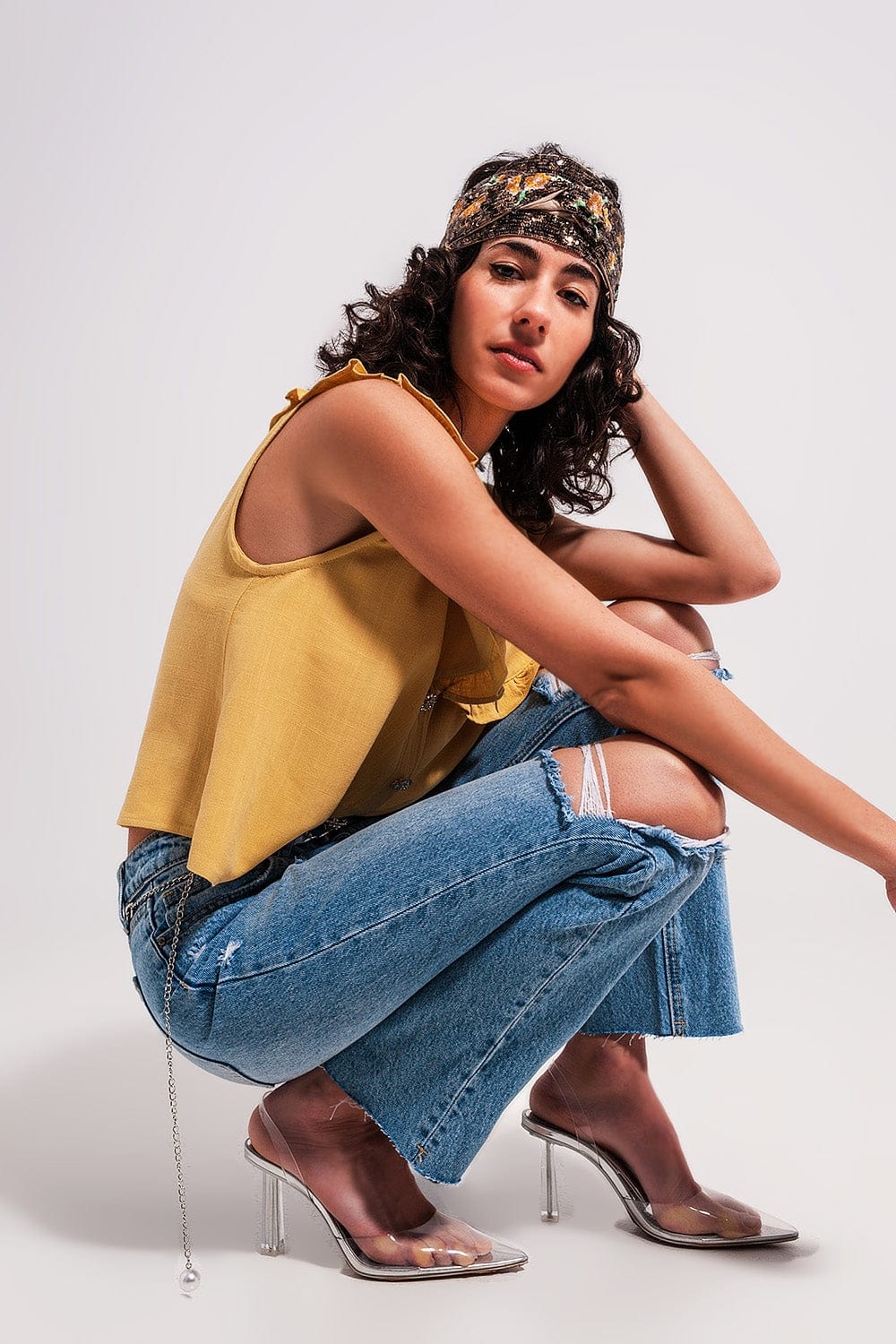Q2 Women's Jean Ripped Knee Jeans in Light Blue