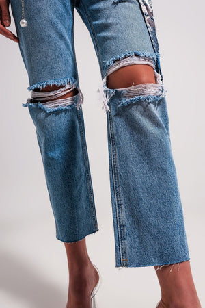 Q2 Women's Jean Ripped Knee Jeans in Light Blue