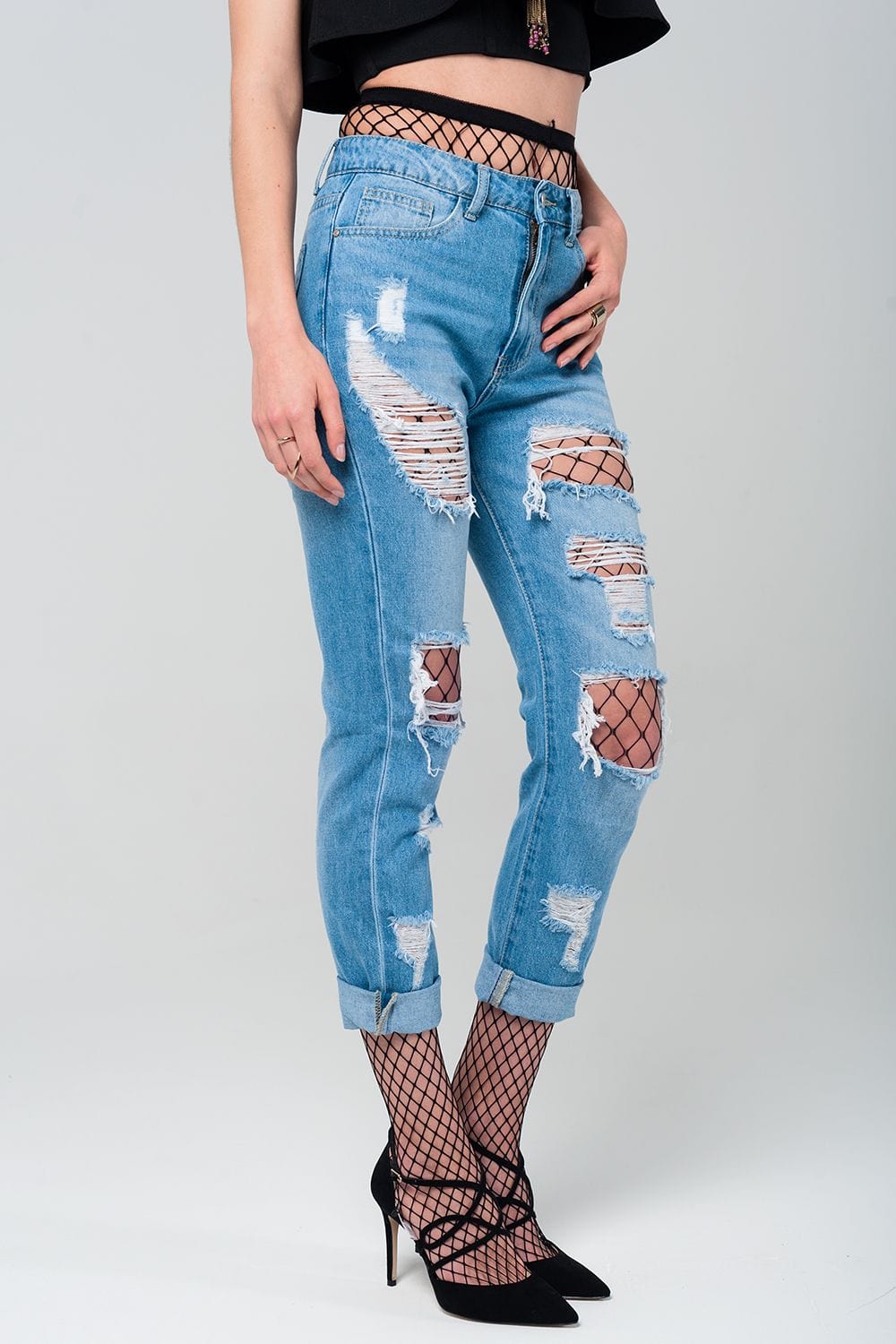 Q2 Women's Jean Ripped mom jeans with fishnet tights