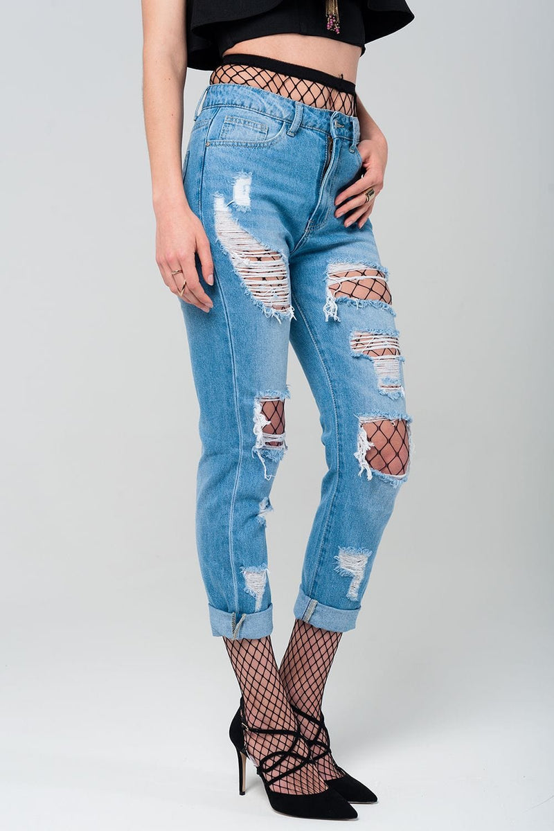 Q2 Women's Jean Ripped mom jeans with fishnet tights