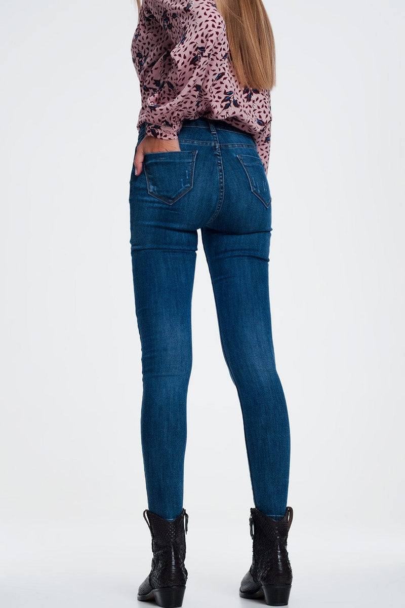 Q2 Women's Jean Ripped Skinny Jeans in Blue Denim