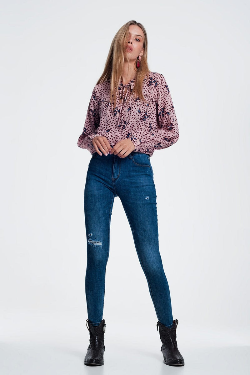 Q2 Women's Jean Ripped Skinny Jeans in Blue Denim