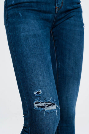Q2 Women's Jean Ripped Skinny Jeans in Blue Denim