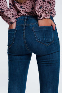 Q2 Women's Jean Ripped Skinny Jeans in Blue Denim