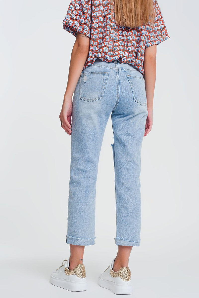 Q2 Women's Jean Ripped straight fit jeans in light denim