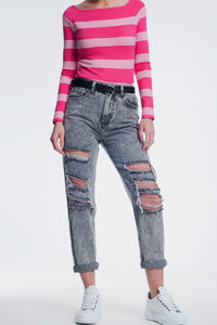 Q2 Women's Jean Ripped Straight Jeans in Gray