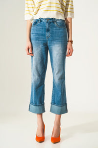 Q2 Women's Jean Roll Hem Jeans In Mid Blue