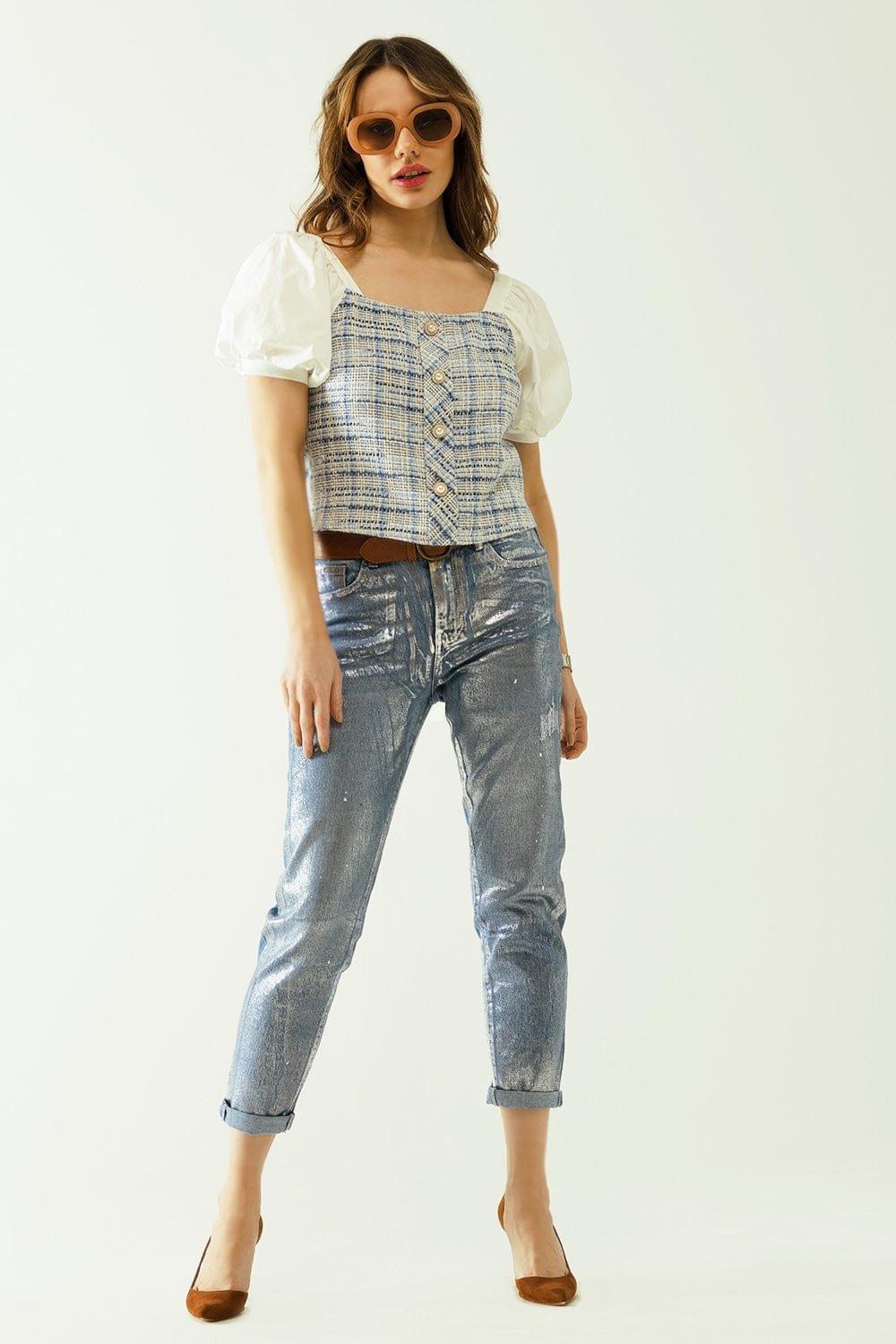 Q2 Women's Jean Skinny Blue Jeans With Metallic Finish In Light Wash