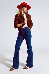 Q2 Women's Jean Skinny Flared Jeans In Dark Blue With Button Detail