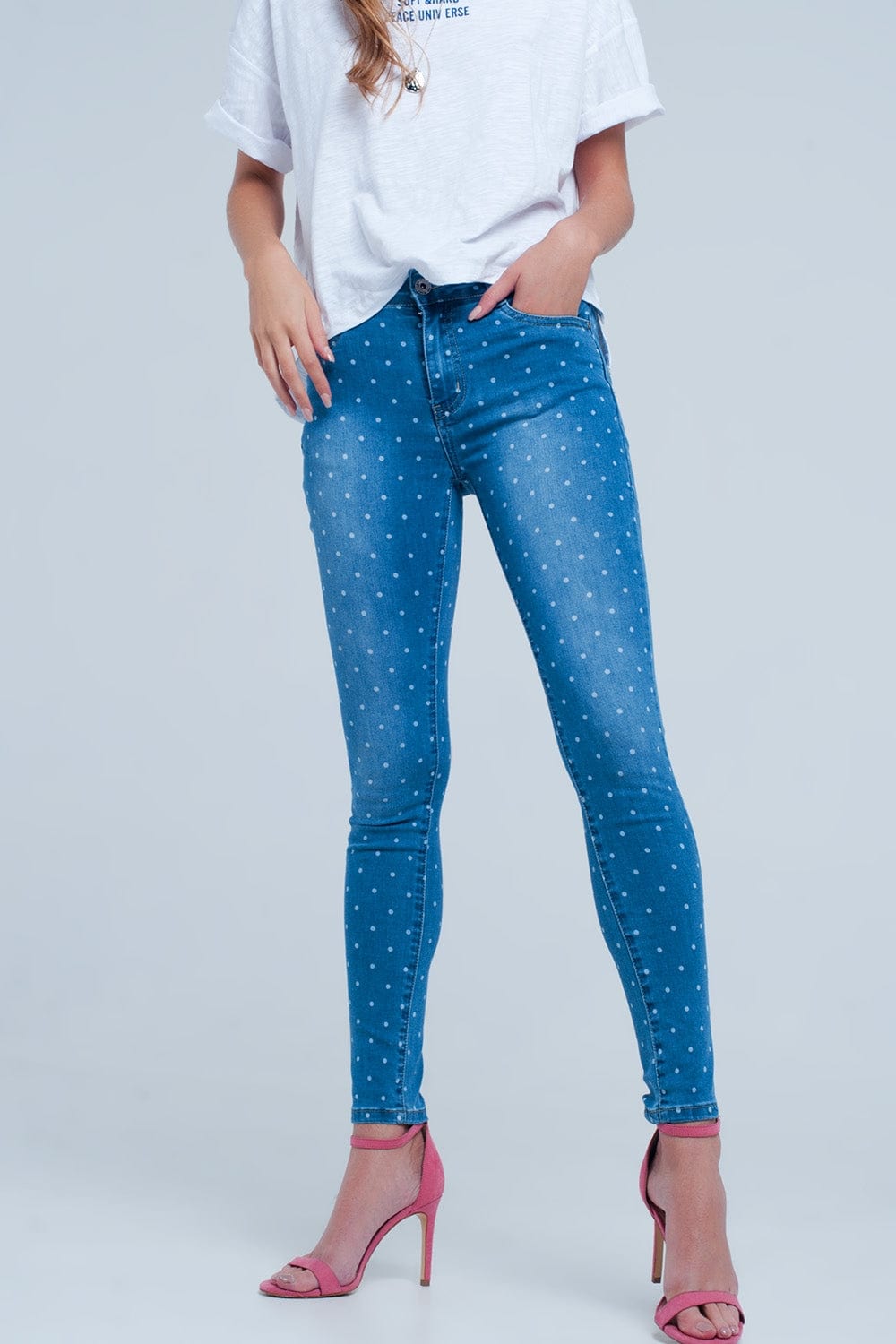 Q2 Women's Jean Skinny Jeans in Polka Dot Print
