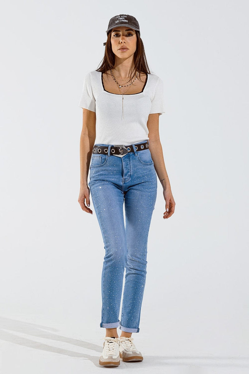 Q2 Women's Jean Skinny Jeans In Washed Blue With Strass All Over The Front