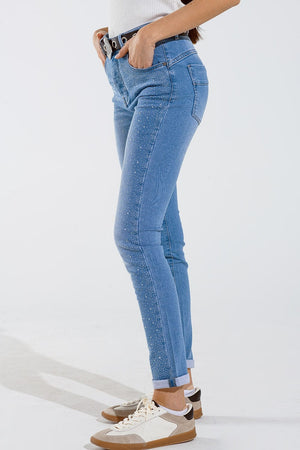 Q2 Women's Jean Skinny Jeans In Washed Blue With Strass All Over The Front