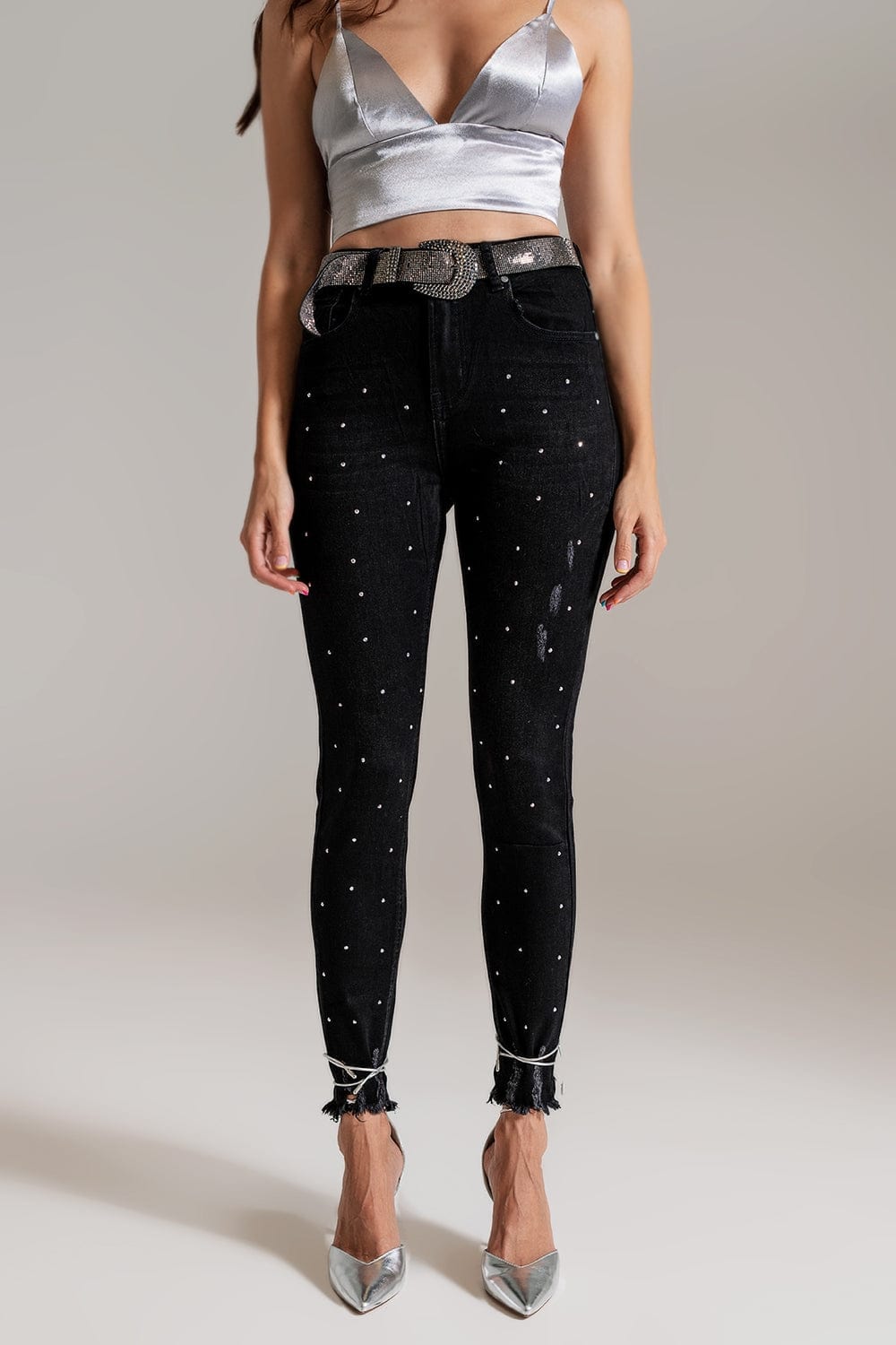 Q2 Women's Jean Skinny Jeans With Embellished Details In Black Wash