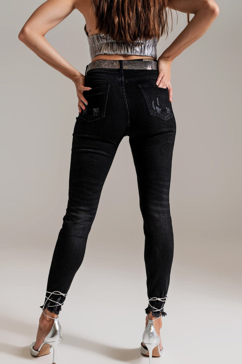 Q2 Women's Jean Skinny Jeans With Embellished Details In Black Wash