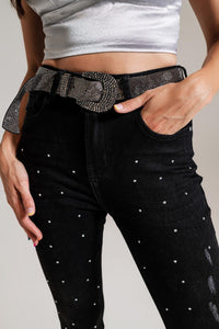 Q2 Women's Jean Skinny Jeans With Embellished Details In Black Wash