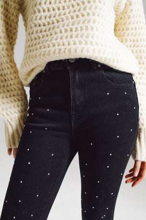 Q2 Women's Jean Skinny Jeans With Embellished Strass All Over In Black