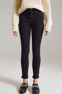 Q2 Women's Jean Skinny Jeans With Embellished Strass All Over In Black