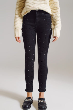 Q2 Women's Jean Skinny Jeans With Embellished Strass All Over In Black