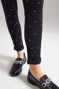 Q2 Women's Jean Skinny Jeans With Embellished Strass All Over In Black