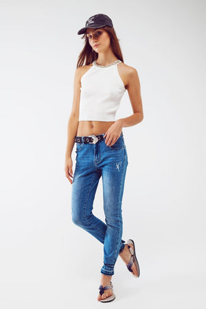 Q2 Women's Jean Skinny Jeans With Hem Wash Detail