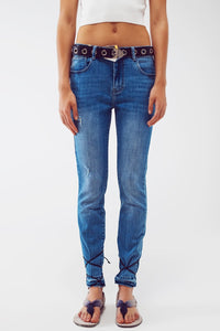 Q2 Women's Jean Skinny Jeans With Hem Wash Detail