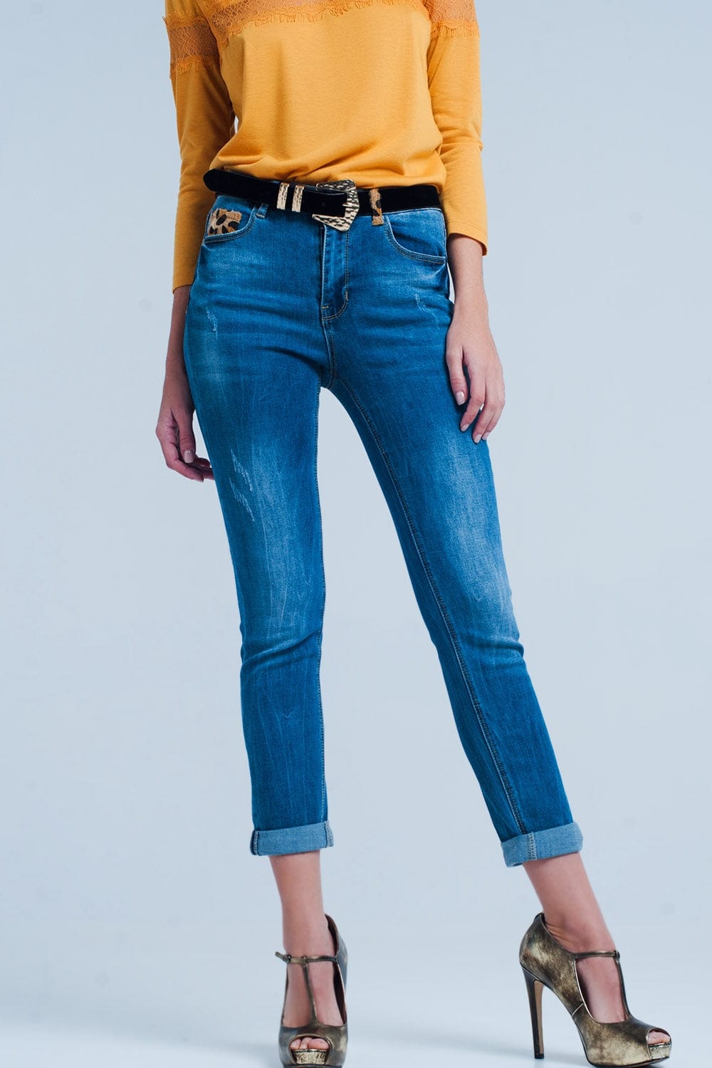 Q2 Women's Jean Skinny Jeans with Leopard Detail