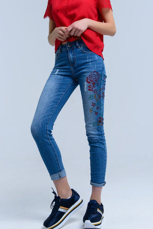 Q2 Women's Jean Skinny jeans with painted floral