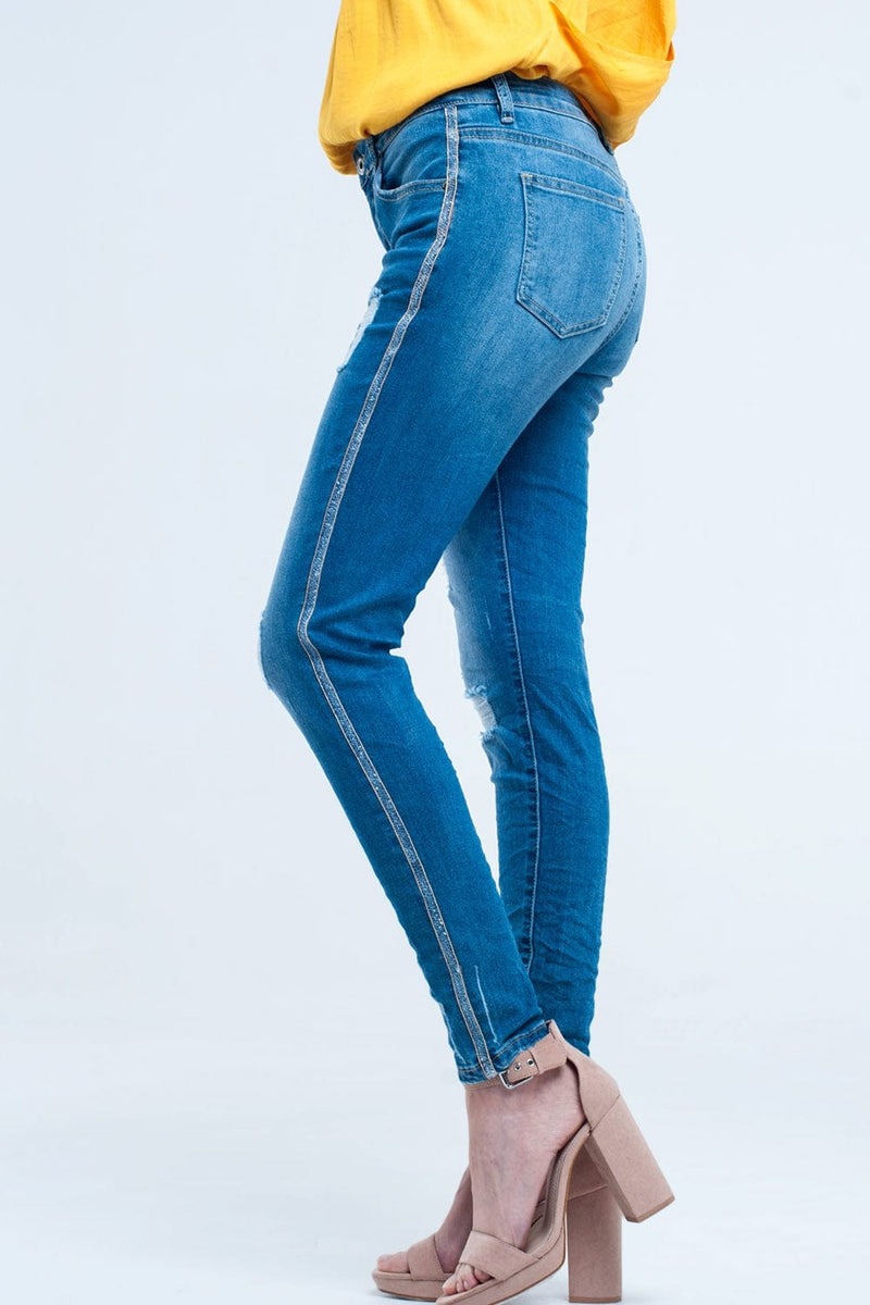 Q2 Women's Jean Skinny jeans with rips and glitter line