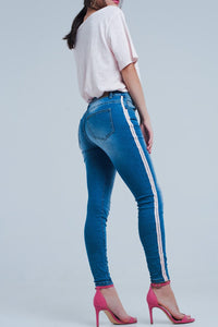 Q2 Women's Jean Skinny Jeans with Side Seam Stripes