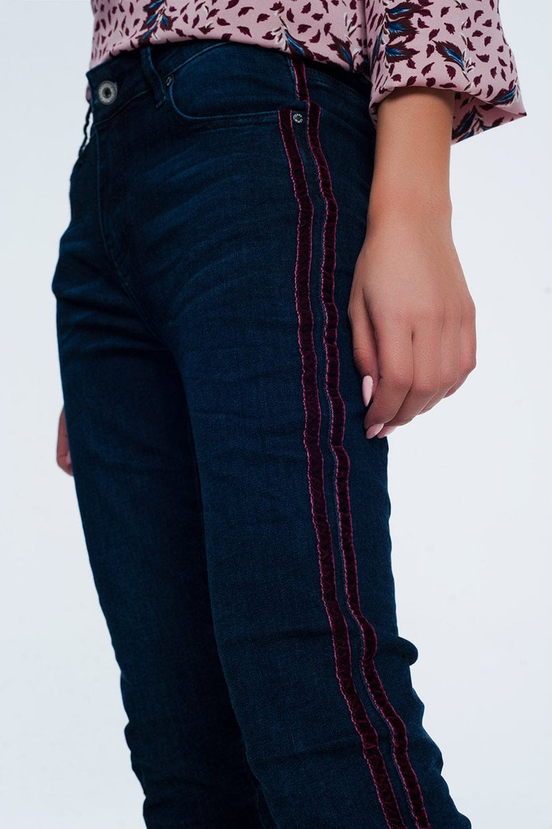 Q2 Women's Jean Skinny Jeans with Sports Red Stripes