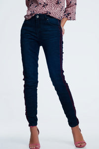 Q2 Women's Jean Skinny Jeans with Sports Red Stripes