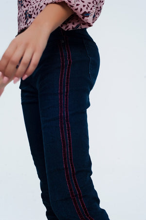 Q2 Women's Jean Skinny Jeans with Sports Red Stripes